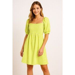 Primark Lime Check Puff Sleeve Cottagecore Dress UK14 EU42 US10 Western Cowgirl